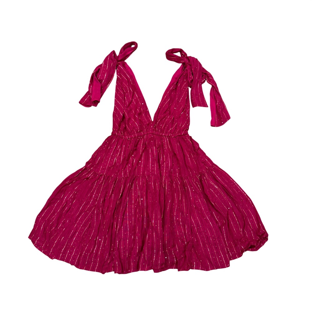 Sundress Fuchsia Pink Gold Sequin Stripe Mini Dress Tie Shoulder Size M/L Boho